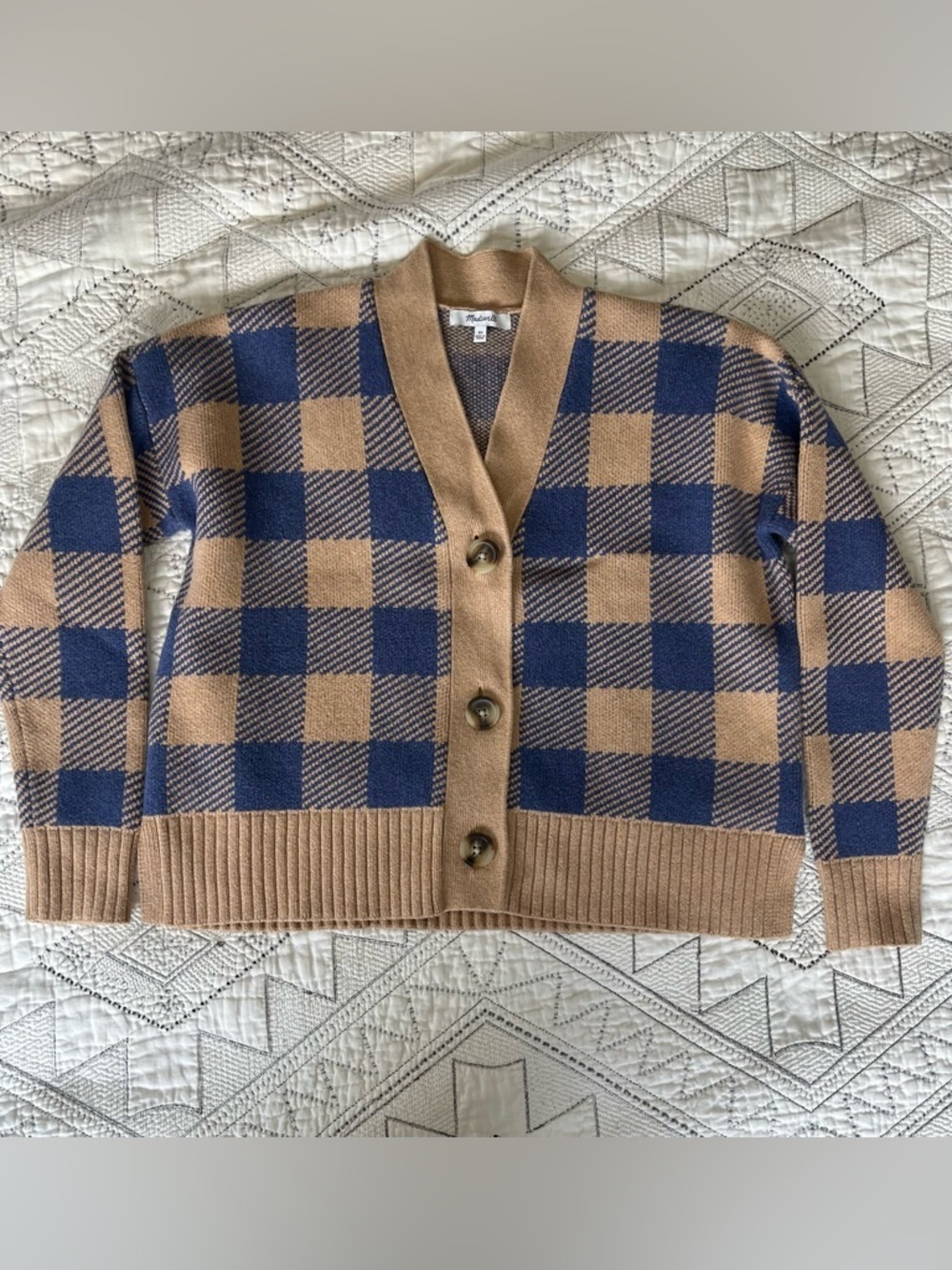 Madewell Bayberry Cardigan Sweater Buffalo Check Size XS Blue Tan Kim Kardashian